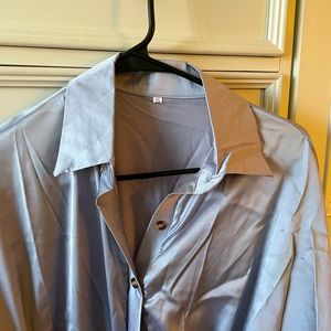 Women’s silk grey/silver floor length dress, brown buttons & tie around waist